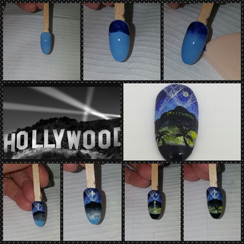 Although not directly on the strip, this scene can be seen for miles and miles around Los Angeles and especially on the Strip.  I used 2 different blues and ombre'ed them for the skyline.  I used black and white polish to use for the Hollywood hills and then yellows and white polish to show the city. I then used glitter polish to use to show the starry night and fine detailed with black paint for the silhouette of the palm trees and white paints for the movie lights behind the hills.  Lastly, with a very small brush, I used yellow acrylic paint to paint the sign along the hillside.