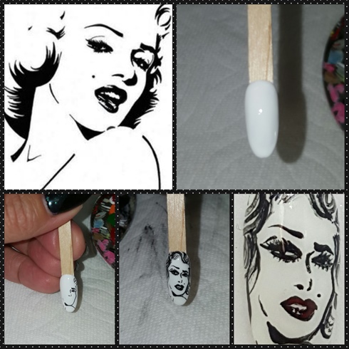 Marilyn frequented the strip in the early days, meeting her suitors for dinner and roaming the town.  I started her nail with a white polish.  I used black paint to sculpt the outer portions of her face and also shaded using only black paint and water for smudging shadows.  Lastly, I used red paint to make her icon beautiful lips pop.