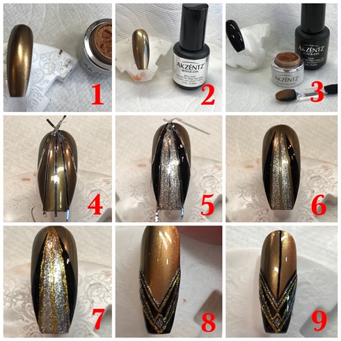 Start with a nail tip that has already been painted and cured with black with Akzentz Black-On.  Using the gold pearlescent powder, rub into nail with a make-up applicator or sponge. Using stripping tape, find the center of the base of the tip (cuticle) and run tape down the center of the nail to the edge.  Create a fan like pattern starting at the base as well and fan out on either side twice.  Make sure your lines are evenly spaced. Using silver gel play.  Then using black gel play, paint the two outer areas, gently remove tape and cure.  Now using gold gel play, fill the spaces between keeping very straight crisps lines, cure.  Using black fluid acrylic paint, out line between the gold and silver.  Finish with Akzents Shine-On.