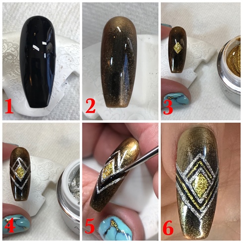 Start with a nail tip that has already been painted and cured with black with Akzentz Black-On.  Using a make-up applicator, dip very lightly into Akzentz gold pearlescent powder and very gently dap the perimeter of the nail.  This will create a distressed appeal to the frame of the nail.  Using Gold Gel play, create a small diamond shape floating in the center of the nail, cure.  Outline the diamond with silver gel play, flash cure.  Following the shape of the diamond, now use gold gel play to create one large 