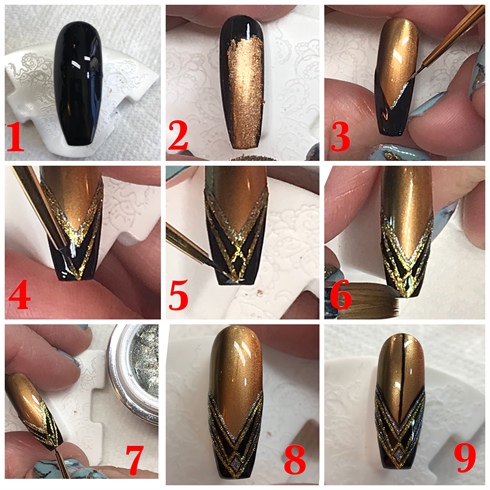Start with a nail tip that has already been painted and cured with black with Akzentz Black-On.  Using the gold pearlescent powder, rub into nail with a make-up applicator or sponge.  Using Black-On again, now polish a 