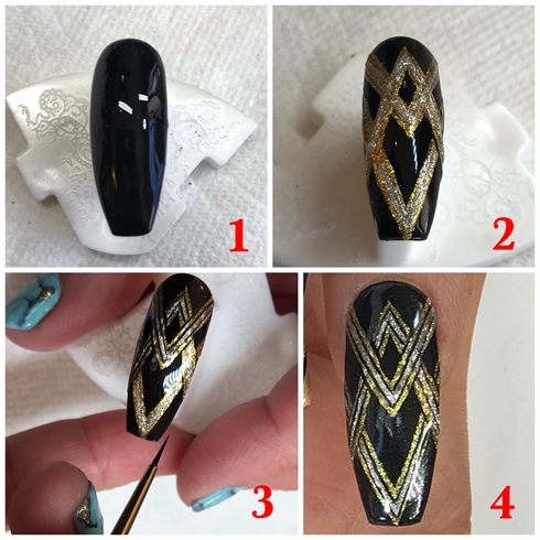 Starting with a nail tip that has already been painted and cured with black with Akzentz Black-On, use Akzentz Gold Gel Play to create 2 