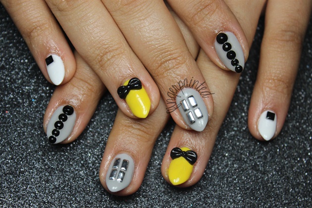 Yellow &amp; Gray Studded Spring Gel Nails