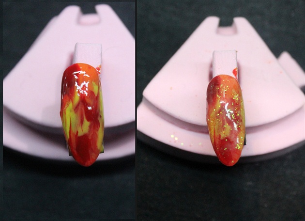 For the last design, use orange, yellow and red gel polish. Drop random blobs color and drag them into each other with a detail brush to create the flame look. Cure. Add some transparent yellow or orange glitter in random places. Seal with topcoat and cure. Paint on the black designs with black gel polish or acrylic paint. Topcoat and cure.\n\nI used this for the other pinky, pointer, and thumb.