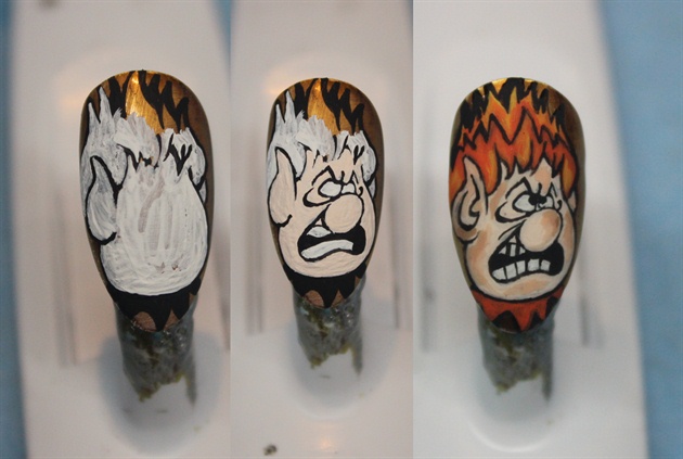 To create Heat Miser, I began by creating an outline with black acrylic paint. I filled in the shapes with white to make my colors pop. I began to add color and detail until he was complete.