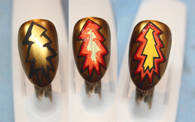 For this nail I created a bolt of fiery lightning that Heat Miser is throwing on the cover of the DVD. I outlined with black, filled in with a light yellow and added my layers of color. 