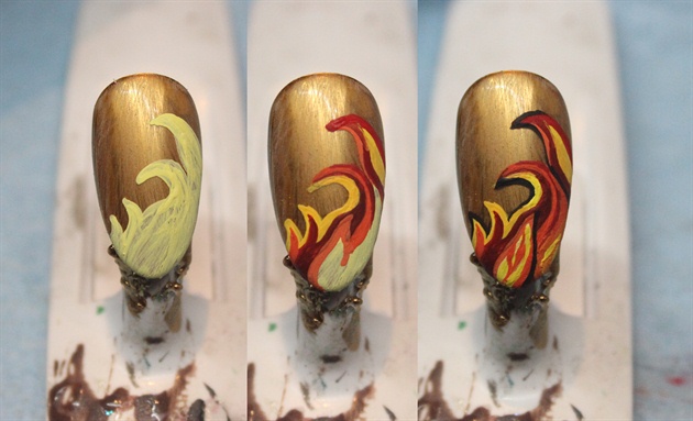 For the pointer and the pinkie I created a flame design to coincide with heat misers hair. I created my shape with a light yellow and then added different shades of yellow, red, and orange.