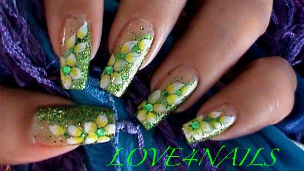 Green Glitter Nail Art Design Flowers By Love4nails