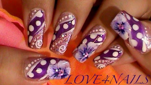 Dots &amp; Purple Flowers Nail Art Design