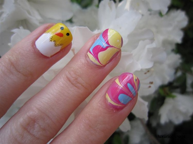 Easter Chick Water Marbling Nail Art