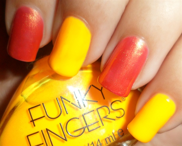 Apply base coat then paint your nails bright orange and metallic orange