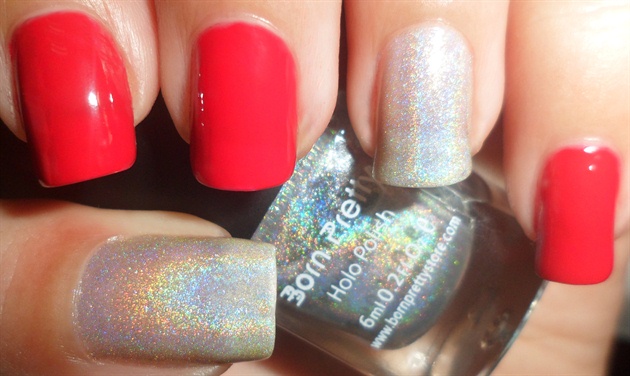 Apply base coat then paint your thumb and accent nails in holo polish, for the rest apply a red nail polish