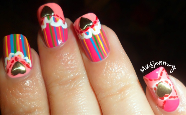 Striped Lace Studded Hearts Nail Art