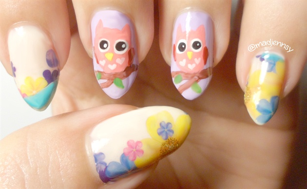 Cute Pink Owl Nail Art with Flowers