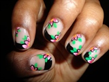 Black tip french manicure w/pink flowers