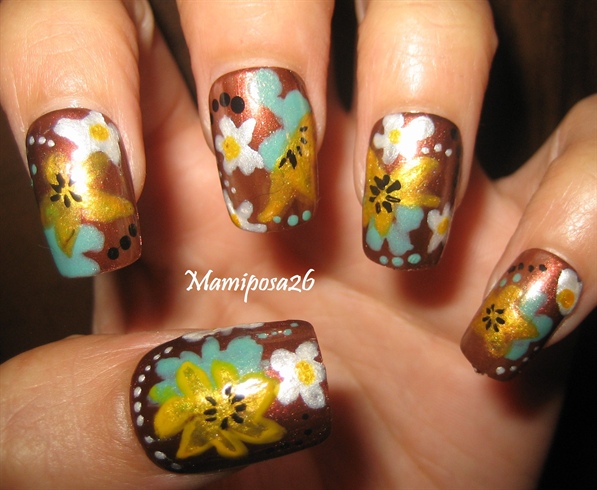 Brown teal flower nail design