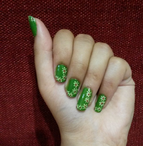Green Nails with White Floral