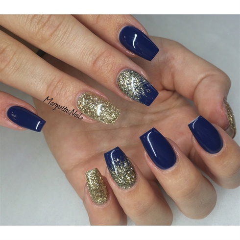 Navy Blue And Gold Glitter Nails 