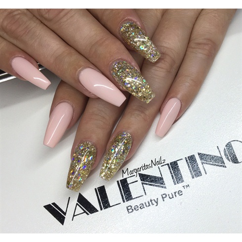 Nude Pink And Gold Glitter Coffin Nails 