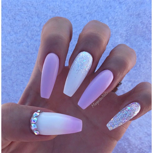 White And Lavender Ombr&#233; Coffin Nails 