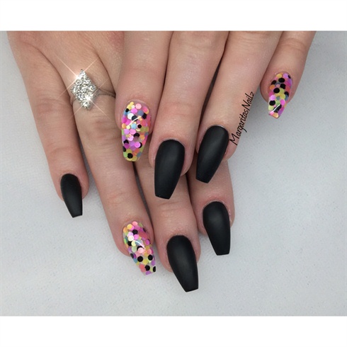 Black Matte With Neon Dots Coffin Nails 
