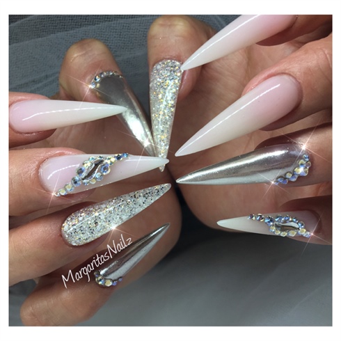 Chrome And French Ombr&#233; Stiletto Nails 