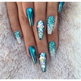Teal Chrome Coffin Nails 