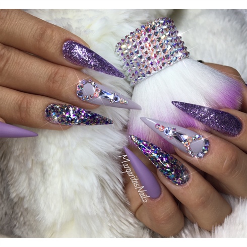 Purple Bling Stiletto Nails by MargaritasNailz