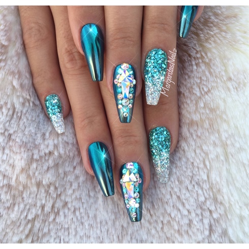 Teal Chrome Coffin Nails 