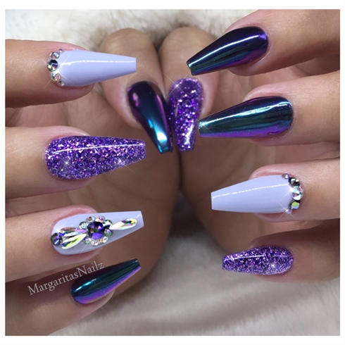 Purple And Chrome Coffin Nails 