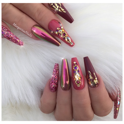 Chrome And Gold Coffin Nails 