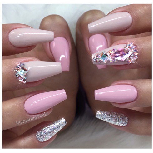 Nude Pink Bling Coffin Nails 