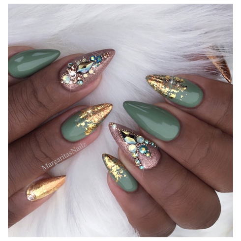 Olive Green  Gold Sparkle Almond Nails  Nail Art Gallery
