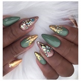 Olive Green &amp; Gold Sparkle Almond Nails 