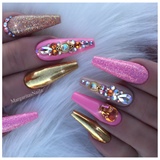 Pink &amp; Gold Bling Long Coffin Nails 