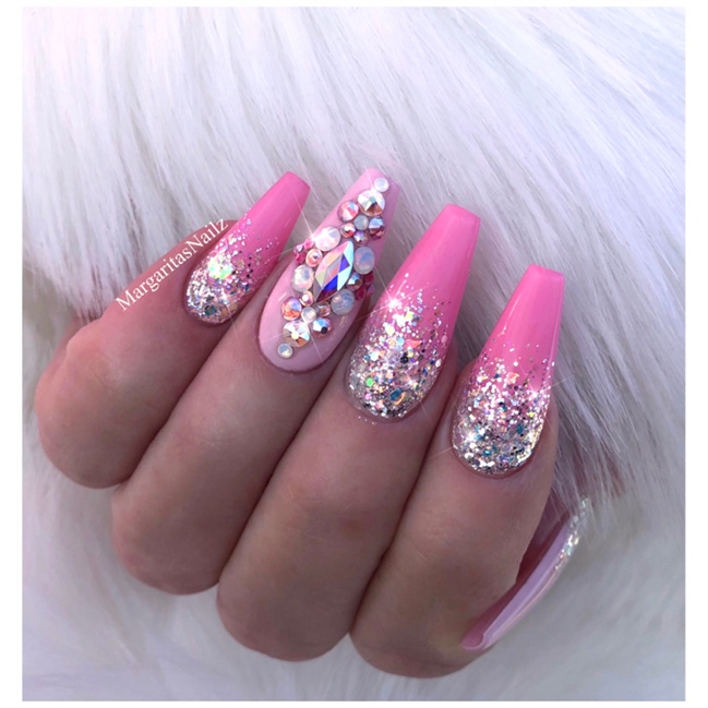 Florry Coffin Extra Long Press on Nails with Rhinestones Pink Fake Nails  Glossy Bling Crystal Acrylic Nails for Women and Girls 24Pcs (Luxury)