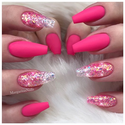 Pink Matte Glitter Coffin Nails by MargaritasNailz