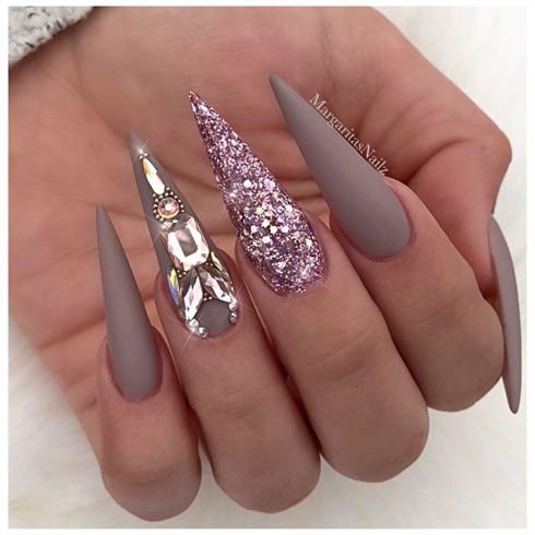 Matte Taupe Bling Stiletto Nails 