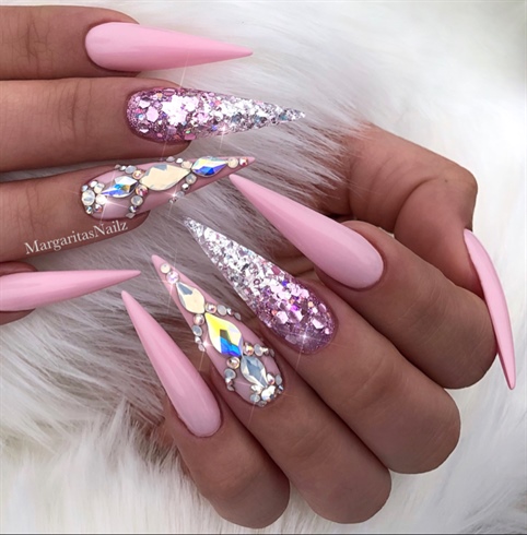 Baby Pink Bling Ombr&#233; Stiletto Nails 