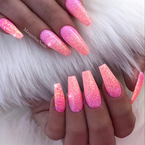 Pink Coral Sunset Glitter Ombr&#233; Nails 
