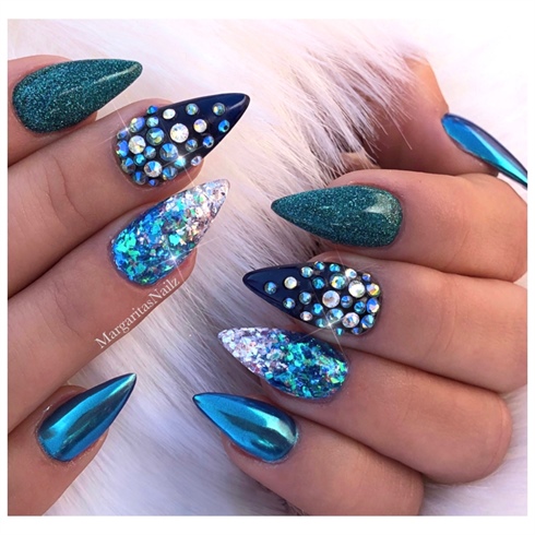 Teal Chrome Glitter Ombr&#233; Almond Nails 