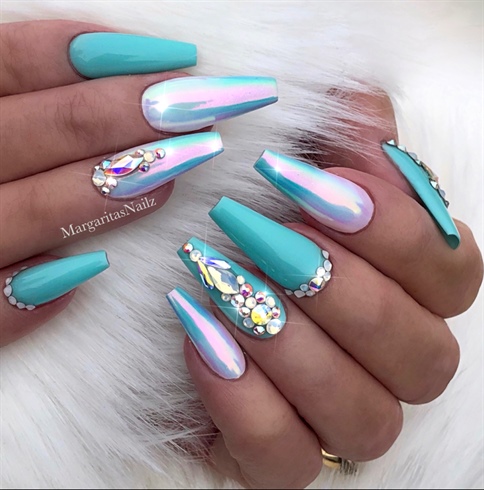 Turquoise Chrome Ombré Coffin Nails - Nail Art Gallery