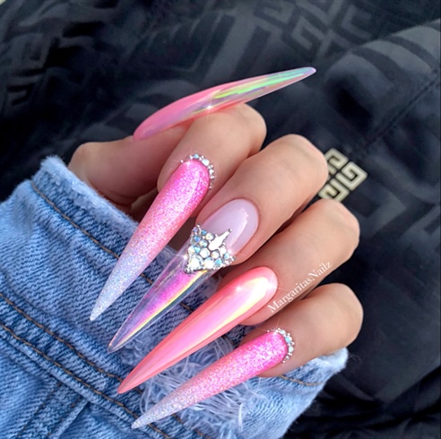 Pink Ombr&#233; Chrome Stiletto Nails 