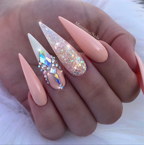 Peach Glitter Bling Stiletto Nails 
