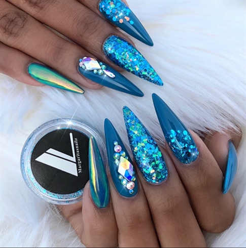 Blue Mermaid Glitter Stiletto Nails 
