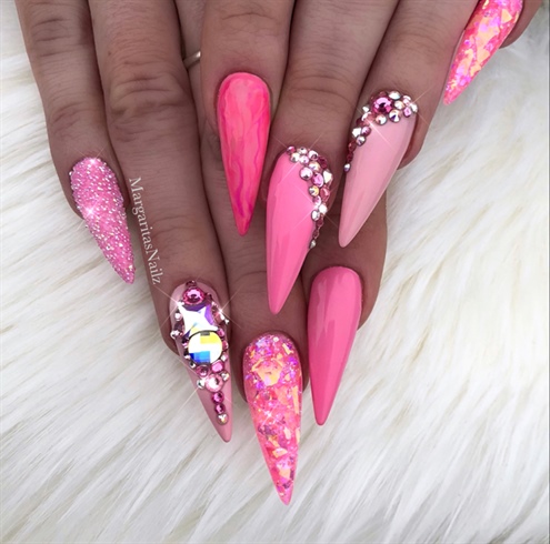 Barbie Pink Bling Stiletto Nails 