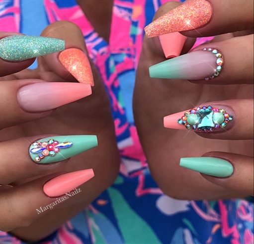 Summer Ombré Bling Coffin Nails - Nail Art Gallery