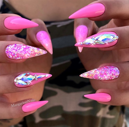 Barbie Pink Bling Ombr&#233; Stiletto Nails 