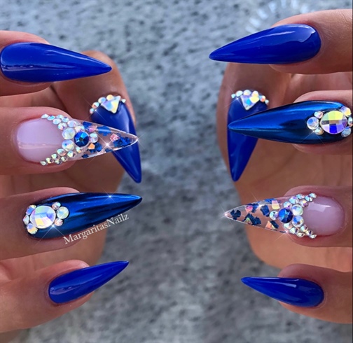Royal Blue Bling Chrome Stiletto Nails 