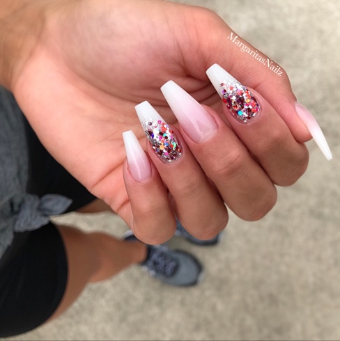 White Ombré Glitter Coffin Nails - Nail Art Gallery